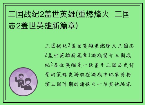 三国战纪2盖世英雄(重燃烽火  三国志2盖世英雄新篇章)